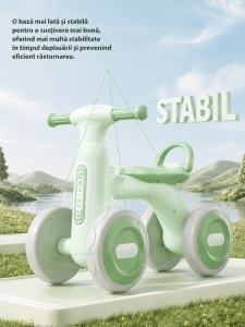 Bicicletă de Echilibru pentru Copii cu Lumini și Muzică, 4 Roți, Verde, 1-4 Ani - Img 3