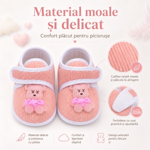 Botoșei Bebeluși cu Scai și Ursuleț 3D, Talpă Antiderapantă, Roz Pal - Img 4