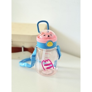 Cana cu Pai pentru Copii, cu Buton, Antiscurgere, Gradata, cu Bareta, Urs Roz, 550 ml - Img 2