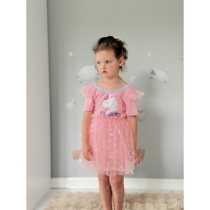 Costum de Baie Intreg pentru Copii, Model Salopeta cu Fustita din Tull, Pink Unicorn, 49 cm - Img 2