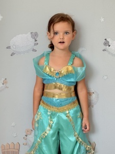 Costum de Carnaval pentru Fetite, din 2 Piese, Dans Oriental, Saten si Voal, cu Brosa, Turquoise - Img 2