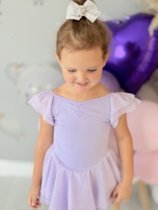 Costum pentru Dans/Gimnastica, Body cu fustita, Maneca Scurta Bufanta, Bumbac si Organza, Mov - Img 4