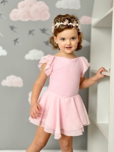 Costum pentru Dans/Gimnastica, Body cu Fustita si Capse, Maneca Scurta Bufanta, Bumbac si Organza, Roz - Img 4