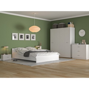 Dormitor Bianco Alb, Sifonier 4 usi, Pat, 2 Noptiere, Comoda 3 Sertare, Pal Melaminat de 18 mm
