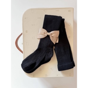 Dresuri Lungi Pentru Fetite, Cu Fundite si Model, Bumbac, Negru - Img 2