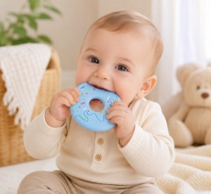 Jucarie pentru Dentitie Bebelusi, Donut, BPA Free Silicon, Bleu, 3 luni+ - Img 2