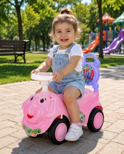 Mașinuță de Împins pentru Copii cu Model Elefant, Volan și Spătar cu Mâner, 4 Roți, Roz,12 luni + - Img 3