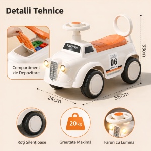 Mașinuță Fără Pedale pentru Copii, Crem, cu Spațiu de Depozitare, Faruri Luminoase și Volan 360° – Ride On Copii 1-3 Ani - Img 2