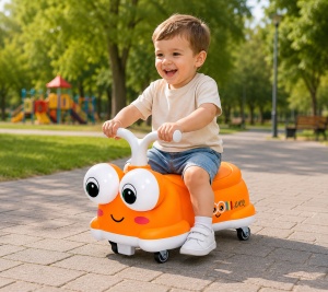 Mașinuță Portocalie Ride-On pentru Copii, Model Omidă, 2-4 Ani, cu Lumini și Roți Silențioase - Img 4
