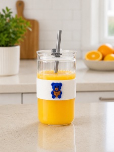 Pahar cu Pai, din Sticla, Model Ursulet Albastru, 350 ml