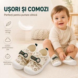 Pantofi Bebeluși pentru Primii Pași, Închidere cu Scai, Branț Moale, Model Smiley Baby, Crem cu Verde - Img 8