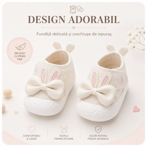Pantofi Bebeluși pentru Primii Pași, Închidere cu Scai, Branț Moale, Model Fundiță și Urechi de Iepuraș, Roz Pal - Img 6