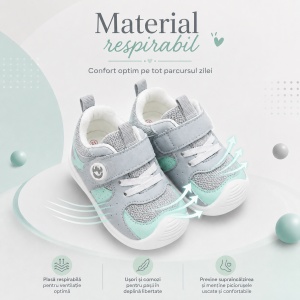 Pantofi Copii Stil Adidași, cu Elastic și Scai, Branț Moale, Talpă din Cauciuc, Gri cu Verde Mentă - Img 4