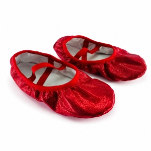 Pantofi Pentru Dans/Balet Fetite, cu Elastic, Rosu cu Sclipici, Textil
