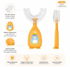 Periuta de dinti pentru Copii, Manuala, Silicon si Plastic, 10 cm, Pinguin Portocaliu, 2 ani+ - Img 3