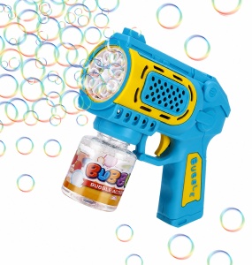 Pistol pentru Baloane de Săpun Bubble Blaster Turbo Albastru-Galben, 10 Orificii, Lumini LED, Funcționare pe Baterii