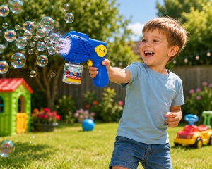 Pistol pentru Baloane de Săpun Emoji Albastru cu Lumini LED, Funcționare pe Baterii - Img 3