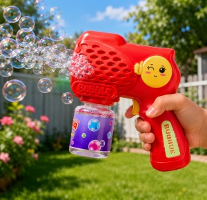Pistol pentru Baloane de Săpun Emoji Rosu cu Lumini LED, Funcționare pe Baterii - Img 2