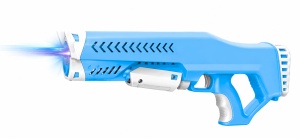 Pistol pentru Baloane de Săpun Model Blizzard Albastru-Alb, cu Lumini LED, Funcționare pe Baterii, Generator Automat de Bule