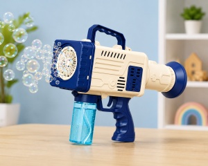 Pistol pentru Baloane de Săpun Model Bubble Rocket Albastru-Alb, cu Lumini LED, Funcționare pe Baterii - Img 3