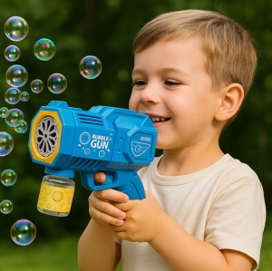Pistol pentru Baloane de Săpun Model Cosmic Albastru-Galben, cu Lumini LED, Funcționare pe Baterii - Img 2