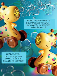 Pistol pentru Baloane de Săpun Model Girafă Safari Galben-Maro, cu Lumini LED, Acumulator Reîncărcabil, Încărcare prin Cablu Type-C Inclus, Mâner de Împingere - Img 6