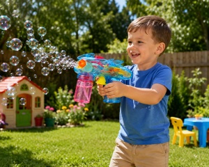 Pistol pentru Baloane de Săpun Model Sky Blaster Albastru Transparent, cu Lumini LED, Funcționare pe Baterii - Img 2