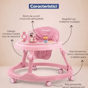 Premergător Culoare Roz pentru Bebeluși cu Mâner Reglabil, Model Urs cu Centru de Activități - Img 4