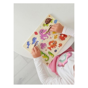 Puzzle Montessori din Lemn, Model Animale din Ocean, 7 Piese, Dimensiune 30x22.5 cm