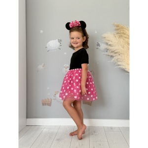 Rochie Fetite Carnaval, Printesa, Tull/Bumbac, Fucsia cu Buline Albe, plus Accesoriu Bentita