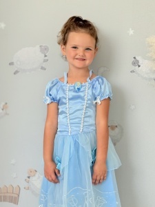 Rochie Fetite Carnaval, Printesa, Tull/Saten, Bleu, Sclipici Argintiu, Accesoriu Brosa, Funda si Flori - Img 2