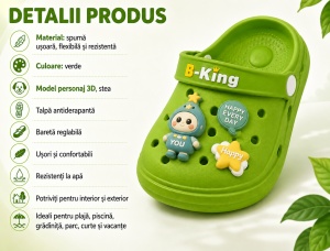 Saboți Copii Tip Crocs cu Personaj 3D, Balon și Stea Decorativa, Baretă Reglabilă, Talpă Antiderapantă, Verde - Img 3