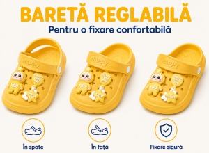 Saboți Copii Tip Crocs cu Personaj 3D, Balon și Stea Decorativa, Baretă Reglabilă, Talpă Antiderapantă, Galben - Img 8