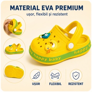 Saboți Copii Tip Crocs din Spumă cu Accesorii 3D Detașabile, Baretă Reglabilă, Talpă Antiderapantă, Galben - Img 4