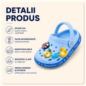 Saboți Copii Tip Crocs din Spumă cu Accesorii 3D Detașabile și Baretă Reglabilă, Albastru Deschis - Img 2