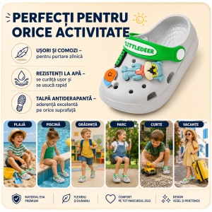 Saboți Copii Tip Crocs din Spumă cu Accesorii Detasabile și Baretă Reglabilă, Gri - Img 8