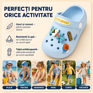 Saboți Copii Tip Crocs din Spumă cu Accesorii Detașabile și Baretă Reglabilă, Bleu - Img 8