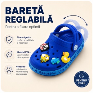 Saboți Copii Tip Crocs din Spumă cu Accesorii Detașabile și Baretă Reglabilă, Albastru Închis - Img 3