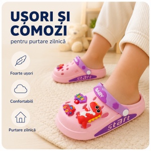Saboți Copii Tip Crocs din Spumă cu Dino Baby 3D și Accesorii Decorative, Baretă Reglabilă, Talpă Antiderapantă, Roz - Img 7