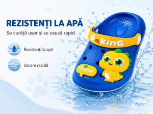 Saboți Copii Tip Crocs din Spumă cu Dinozaur 3D Galben, Baretă Reglabilă, Talpă Antiderapantă, Albastru - Img 6