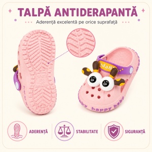 Saboți Copii Tip Crocs din Spumă cu Girafă 3D, Baretă Reglabilă, Talpă Antiderapantă, Roz - Img 6