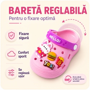 Saboți Copii Tip Crocs din Spumă cu Iepuraș 3D și Accesorii Decorative, Baretă Reglabilă, Talpă Antiderapantă, Roz - Img 3