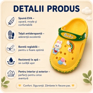 Saboți Copii Tip Crocs din Spumă cu Iepuraș 3D și Curcubeu Decorativ, Baretă Reglabilă, Talpă Antiderapantă, Galben - Img 2