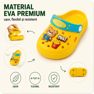 Saboți Copii Tip Crocs din Spumă cu Ursuleț 3D și Accesorii Decorative, Baretă Reglabilă, Talpă Antiderapantă, Galben - Img 6