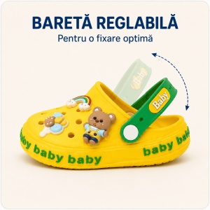 Saboți Copii Tip Crocs din Spumă cu Ursuleț 3D și Curcubeu Decorativ, Baretă Reglabilă, Talpă Antiderapantă, Galben - Img 3