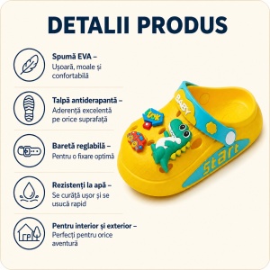 Saboți Copii Tip Crocs din Spumă EVA cu Dino Baby 3D și Accesorii Decorative, Baretă Reglabilă, Talpă Antiderapantă, Galben - Img 2
