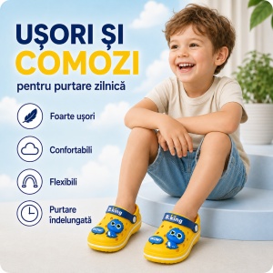 Saboți Copii Tip Crocs din Spumă EVA cu Dinozaur 3D Albastru, Baretă Reglabilă, Talpă Antiderapantă, Galben - Img 7