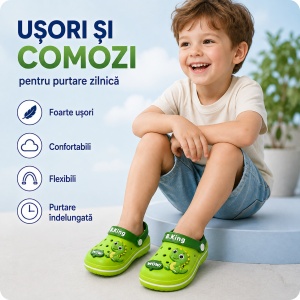 Saboți Copii Tip Crocs din Spumă EVA cu Dinozaur 3D Verde, Baretă Reglabilă, Talpă Antiderapantă, Verde - Img 5