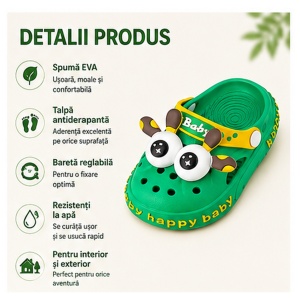 Saboți Copii Tip Crocs din Spumă EVA cu Girafă 3D, Baretă Reglabilă, Talpă Antiderapantă, Verde - Img 2