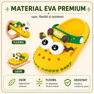 Saboți Copii Tip Crocs din Spumă EVA cu Girafă 3D, Baretă Reglabilă, Talpă Antiderapantă, Galben - Img 5